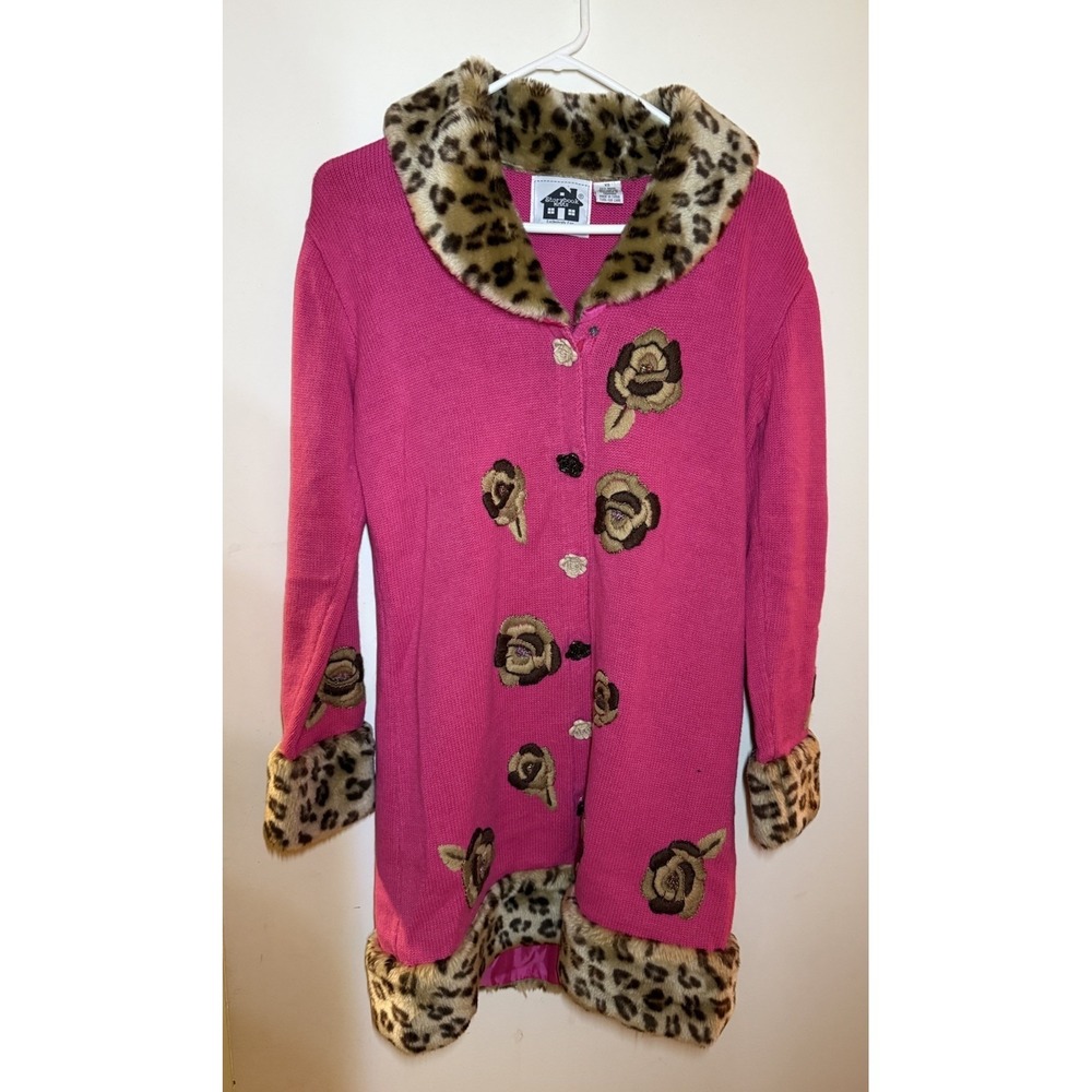VTG Storybook Knits Cardigan Pink Embroidered Rose Leopard Trim XS (fits S) Arty